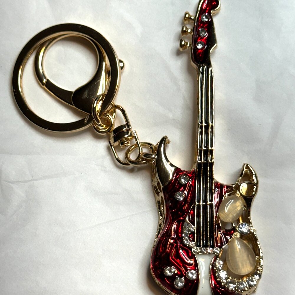 Red electric guitar keychain,  larger, ornate, NWOT